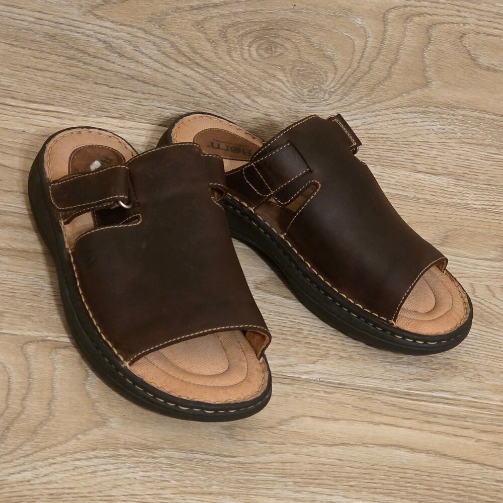 Born Mens Brown Leather Slip On Open Toe Sandals Size 10 / 44 Slides - Picture 3 of 10